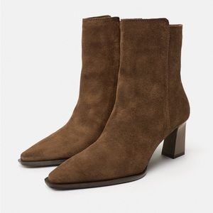 Zara suede heeled ankle boots pointed toe chocolate dark brown booties 2128/210